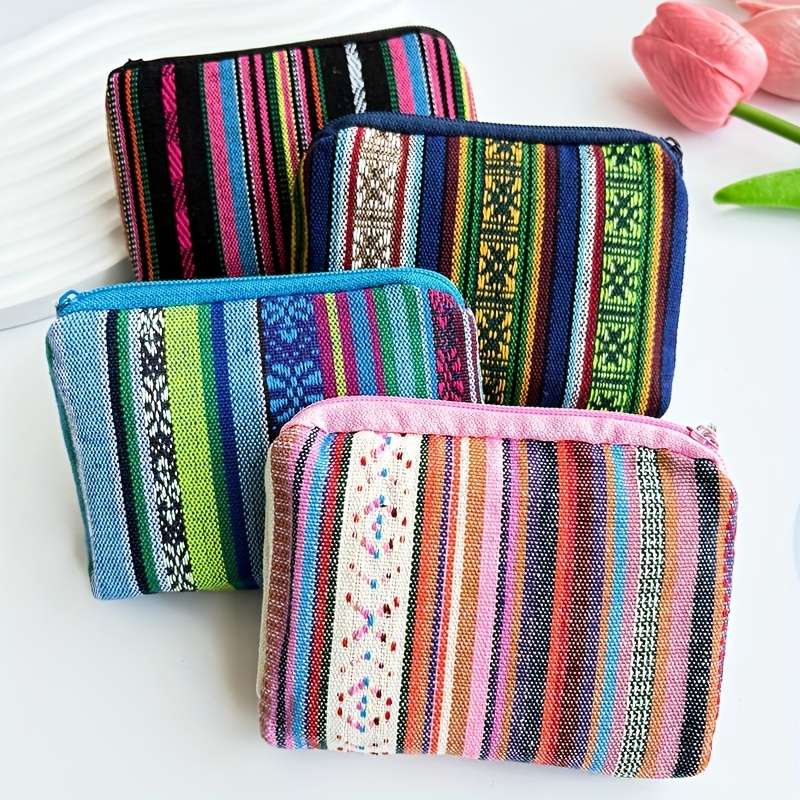 1pc Boho-Chic Retro Striped Canvas Zipper Wallet Lightweight Clutch with Coin Pocket Multifuncti