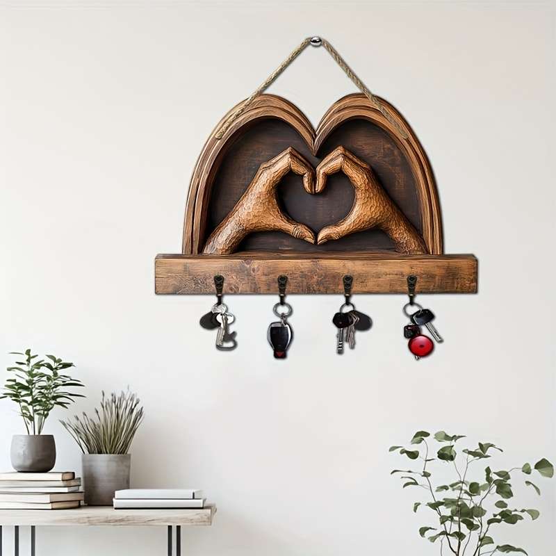 1pc Gorgeous heart-shaped hands simple colorful wooden and home key hanger with four metal hooks