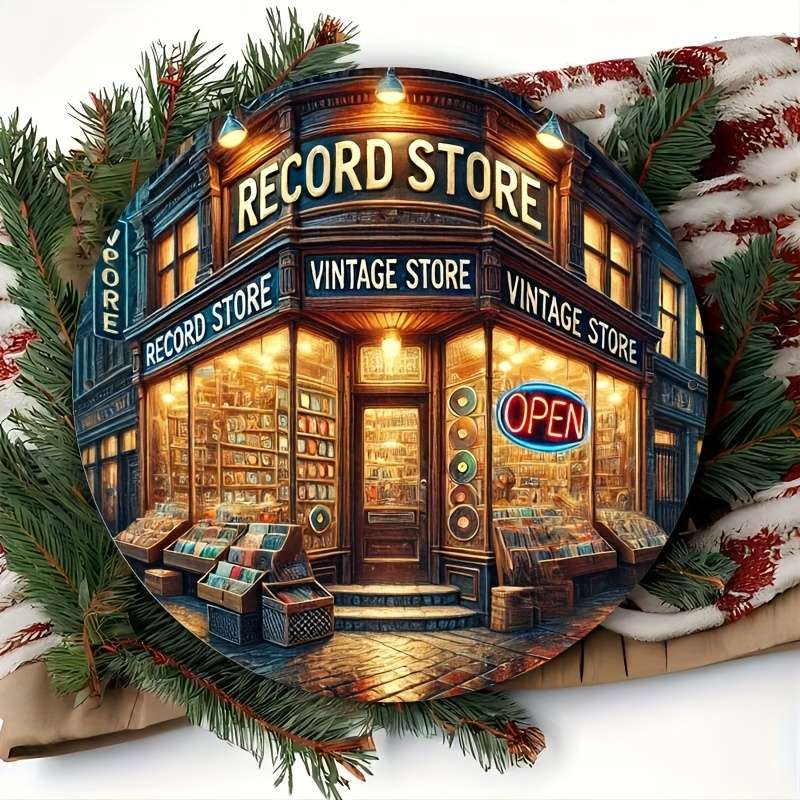 1pc Vintage Record Store Metal Sign 19.81x19.81 cm Round Aluminum Wall Art Retro Decor for Home