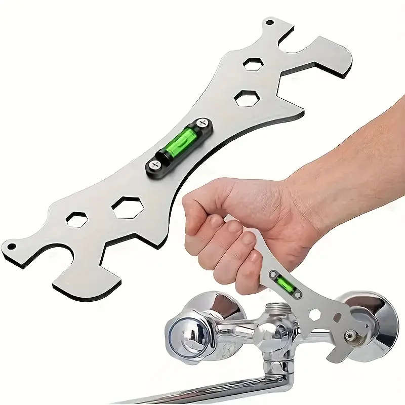1pc Stainless Steel Shower Installation Wrench with Hexagonal Level Curved Foot Ruler Adjustable Rus