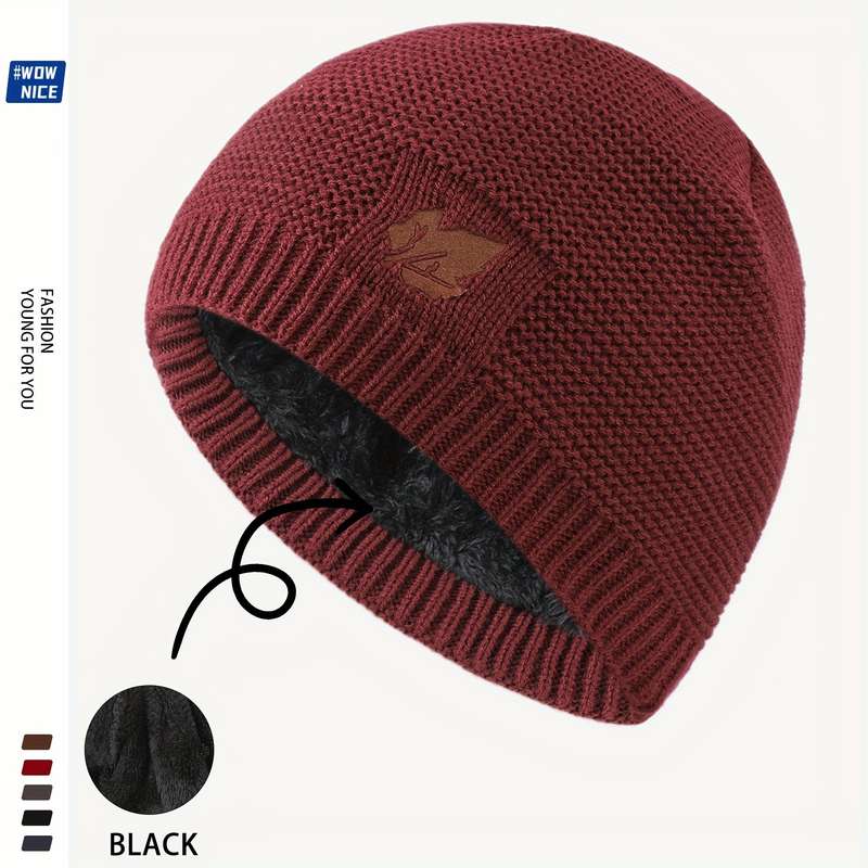 1pc Knit Beanie with Fleece Lining Warm Windproof Acrylic Skull Cap for Men Women Maple Leaf