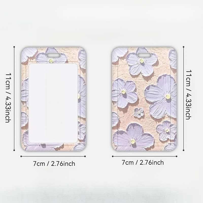 1pc Floral Oil Painting Design Card Holder with Lanyard Durable Plastic Protective Case for Stude