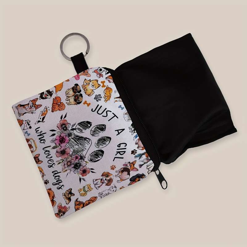 1pc SWEET Cute Dog Print Purse Lightweight Zipper Pouch with Keychain Small Capacity Multifu