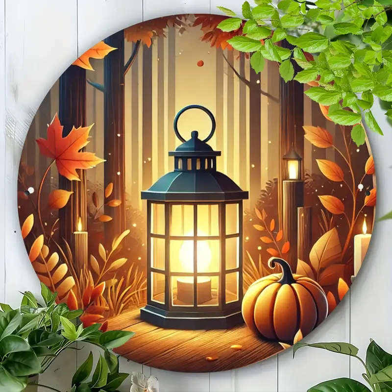 1pc Autumn Lantern Aluminum Wall Art 20.32cm Round Durable Easy-to-Clean Metal Poster for Home Bedro