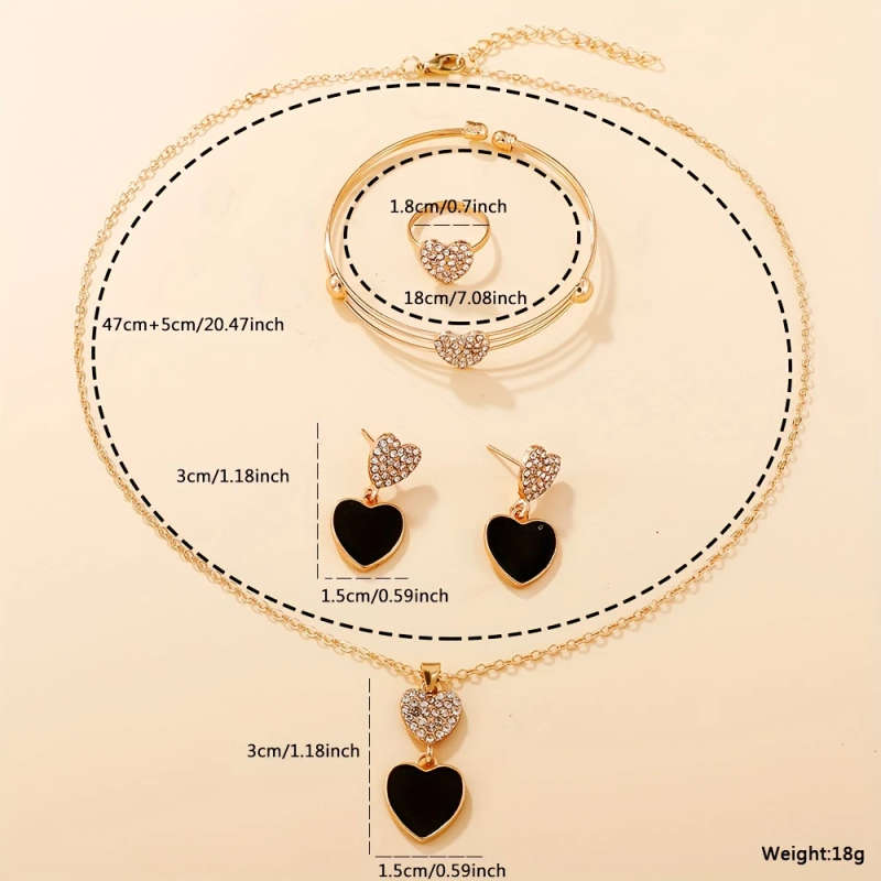 4pcs set Women's Fashion Quartz Watch Black PUPU Leather PU Leather Rhinestone Necklace Earrings Rin