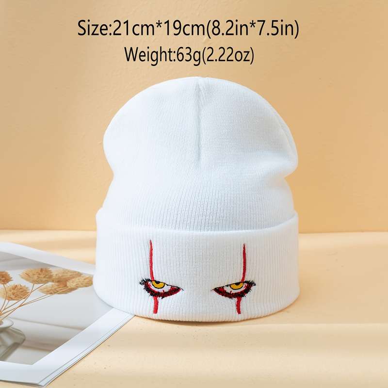 1pc Trendy Devil's Eye Embroidered Beanie Warm Acrylic Knit Winter Hat Lightweight Elastic Ma