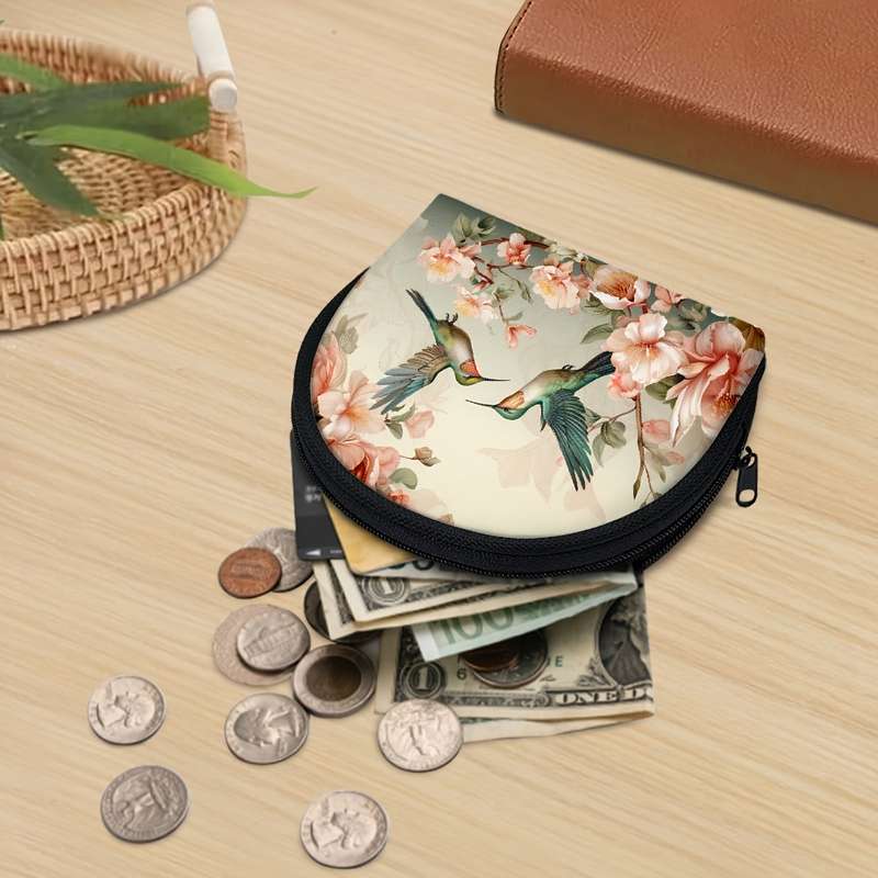 1pc Vintage Flower Hummingbird Mini Wallet Coin Pouch Change Purse With Zipper Closure For Women