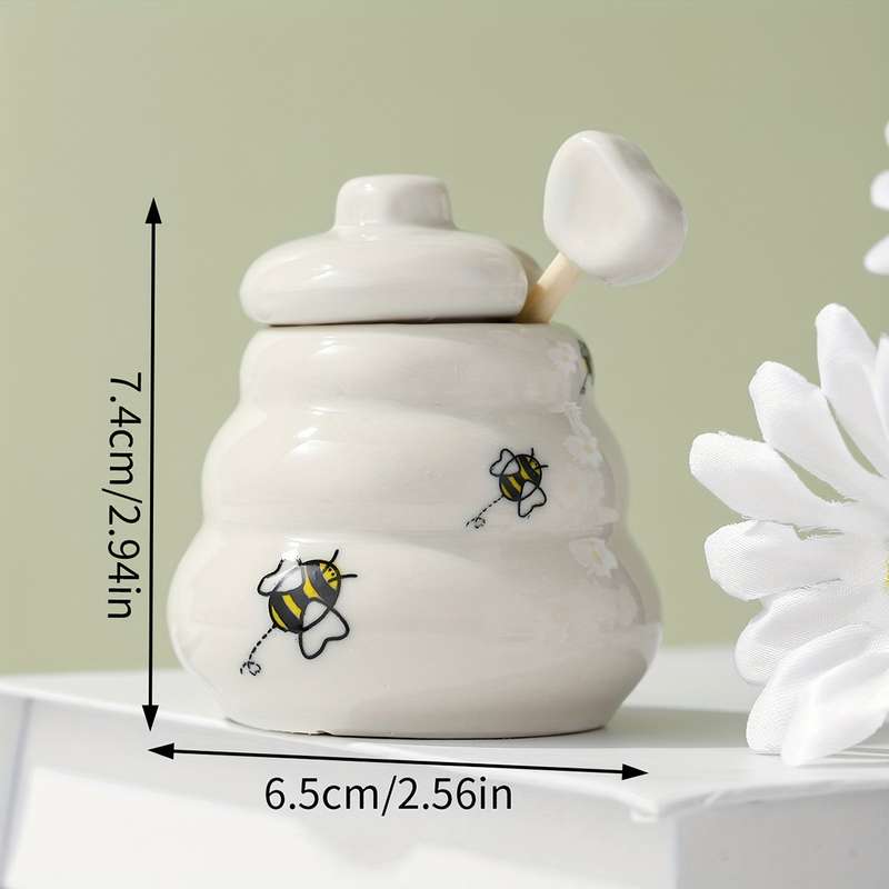 1pc Ceramic Bee Honey Pot with Handle Polished Metal Finish Square Pattern Creative Kitchen Spic