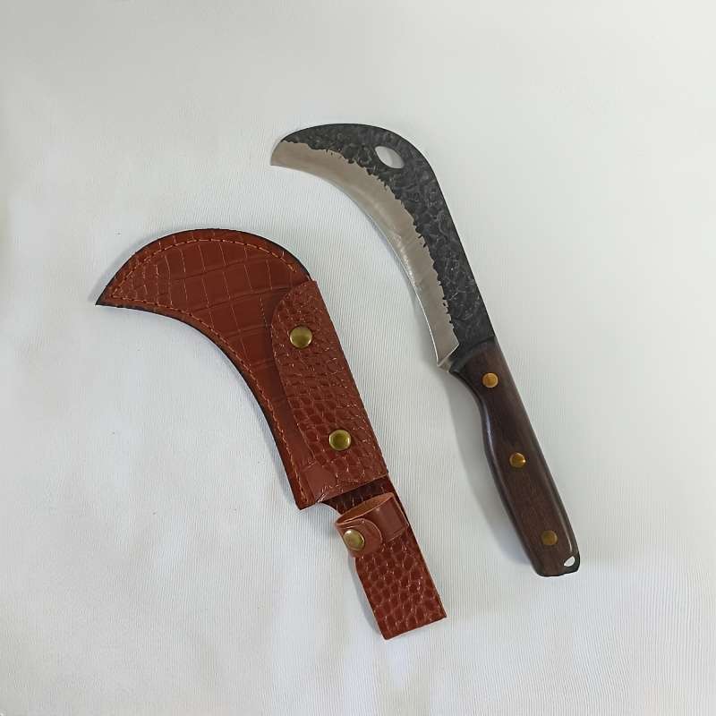 1pc Premium Stainless Steel Curved Knife with Faux Leather Sheath Lightweight Durable and A