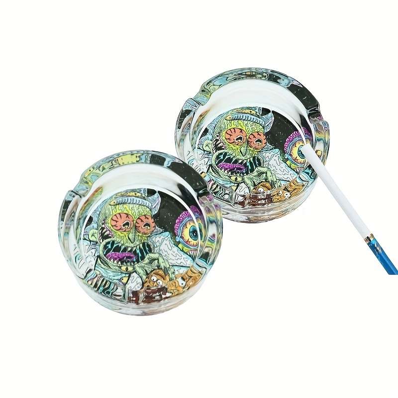 1pc Vibrant Round Glass Ashtray with Colorful Psychedelic Patterns Transparent Smokeless C