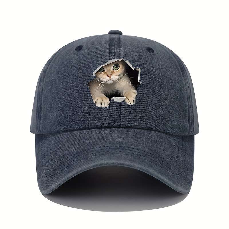 1pc Vintage Washed Cotton Baseball Cap with 3D Cat Print Adjustable Stretch Fit Lightweight All-S