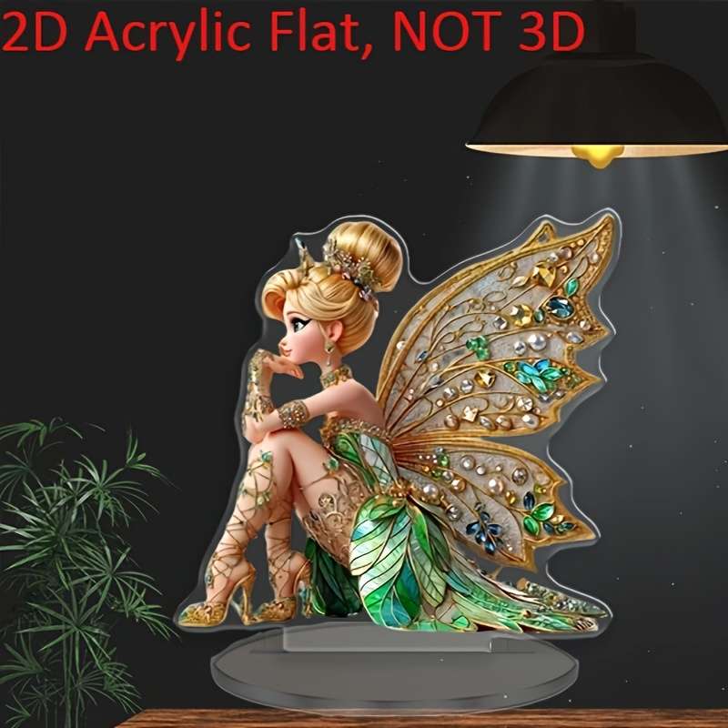 1pc 2D Flat  Acrylic Fairy Figurine with Sparkling Crystals Pearl Accents Elegant Bohemian