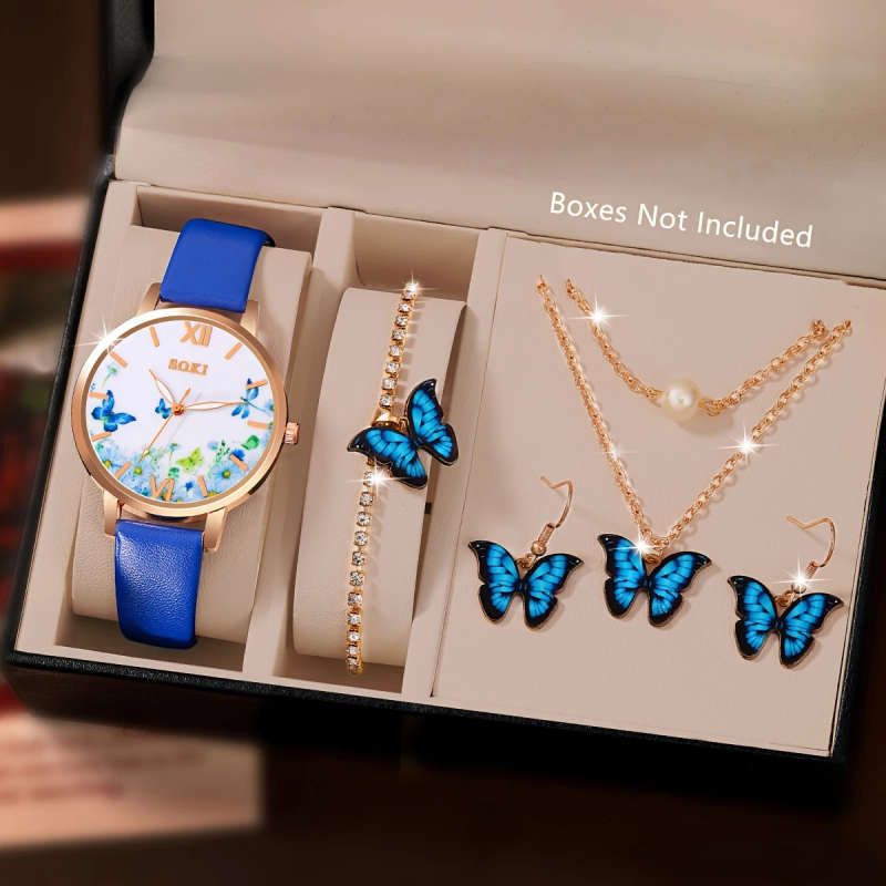 5pcs set Women'S Butterfly Jewelry Set with Quartz Watch Includes Necklace Earrings Bracelet Watch w