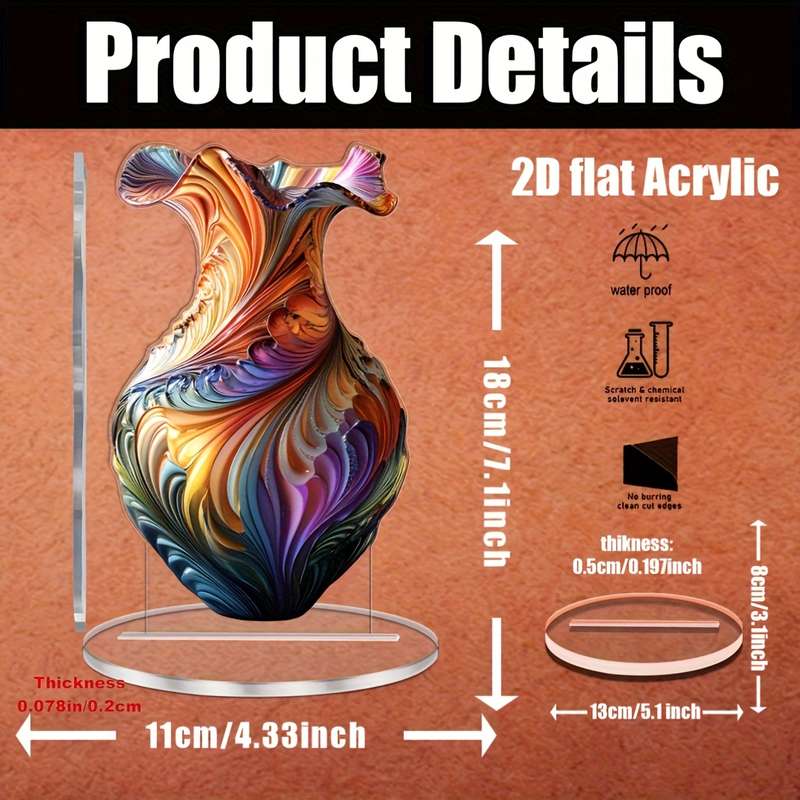 1pc 2D Flat  Elegant Acrylic Vase with Swirling Patterns 11.0cm x 18.03cm Multifunctional  Art