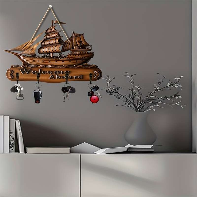 1pc sailboat sailing theme home wooden key hanger key storage with hooks multi-functional artisti