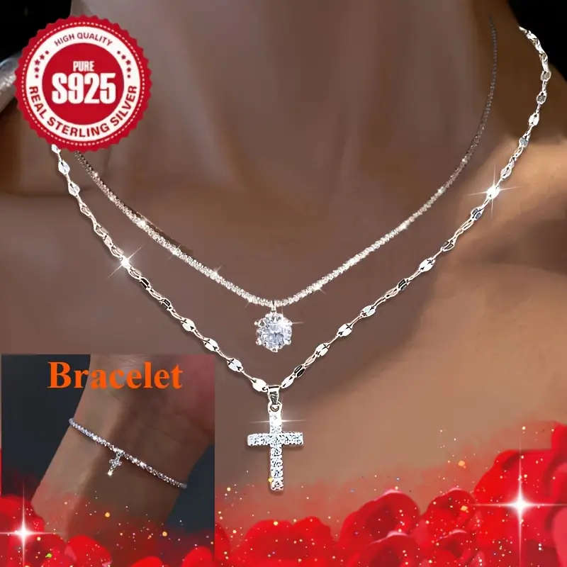 3 Piece 925 Silver Necklace with Cross Pendant, Zirconia Necklace and Cross Pendant Bracelet