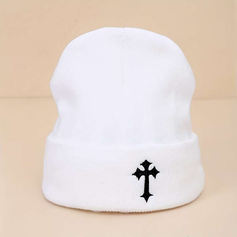 1pc 100% Acrylic Beanie Elastic Fit Embroidered Dark Cross Knit Beanie Unisex Thick Knitted Skul