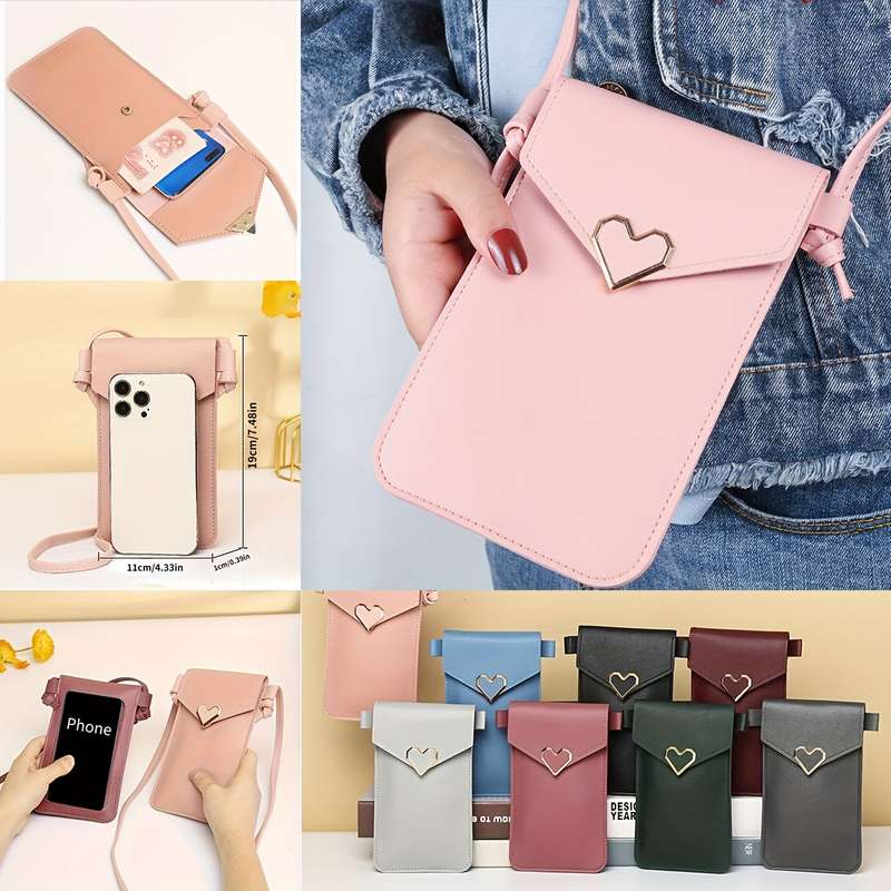1pc Women'S Vintage Pink Heart Buckle Crossbody Bag with Clear Phone Pocket Durable Synthetic Fau
