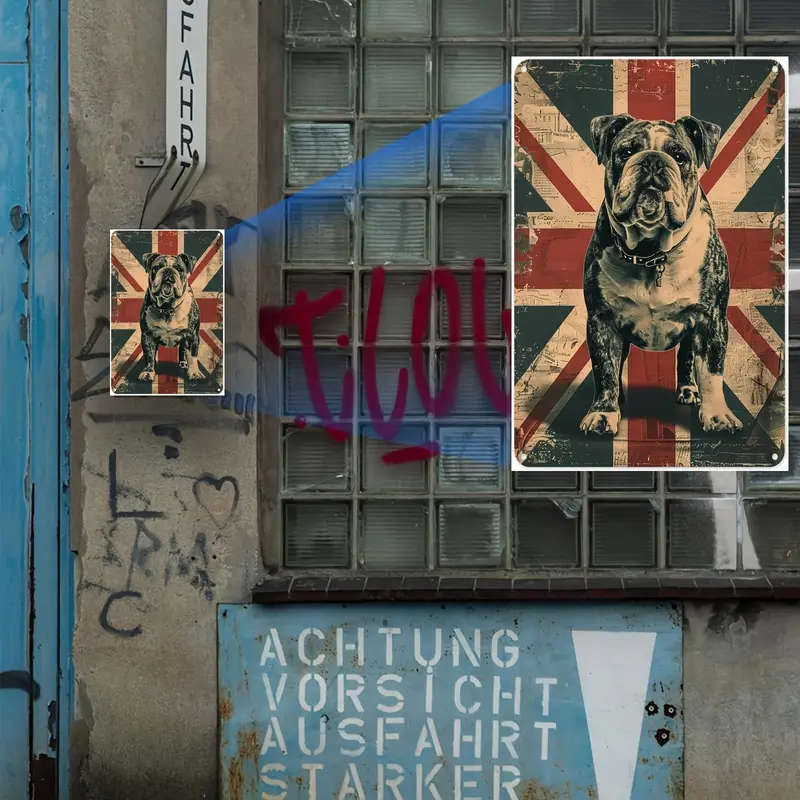 1pc British Bulldog Union Jack Metal Wall Art Vintage Style Tin Sign Weather-Resistant Indoor Outdoo