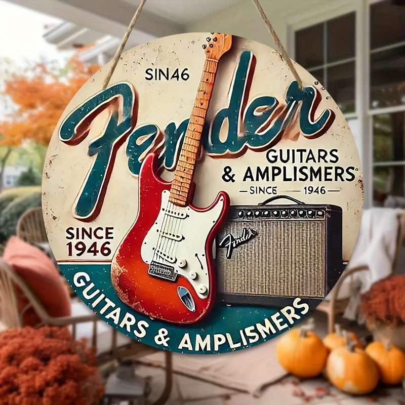 1pc Artistic Flair Vintage Fender Guitars Amplifiers Wooden Wall Art 19.81cm Round Rustic Han