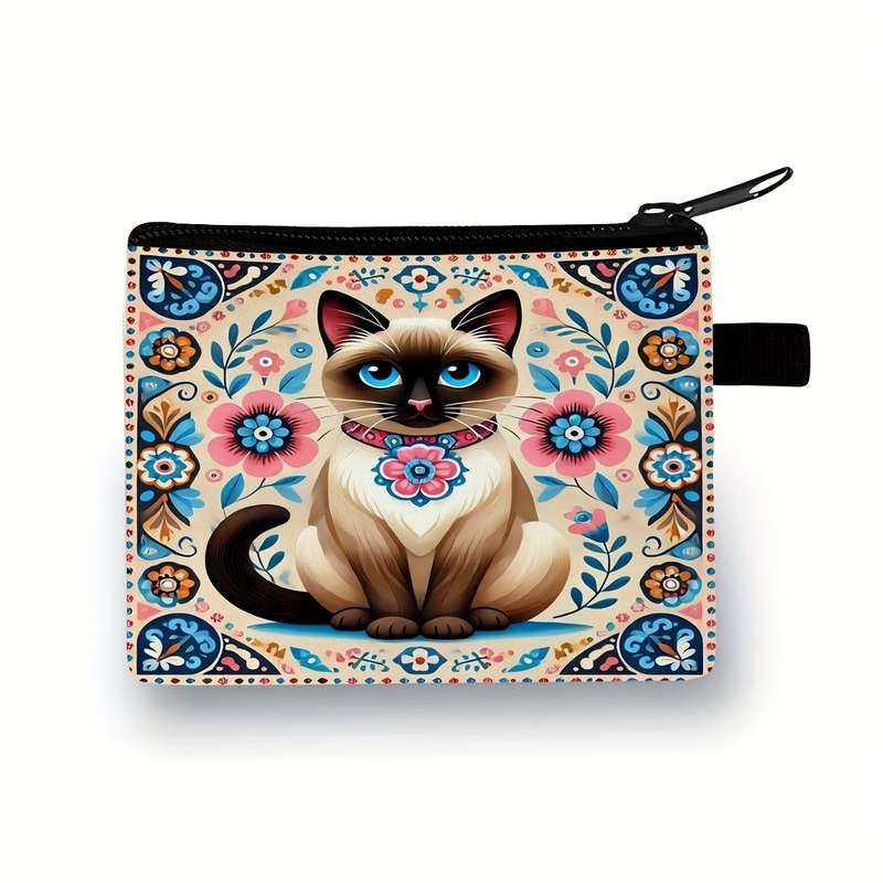 1pc Bohemian Style Cat Print Pouch Vibrant Floral Teapot Design Zipper Closure Polyester Mate