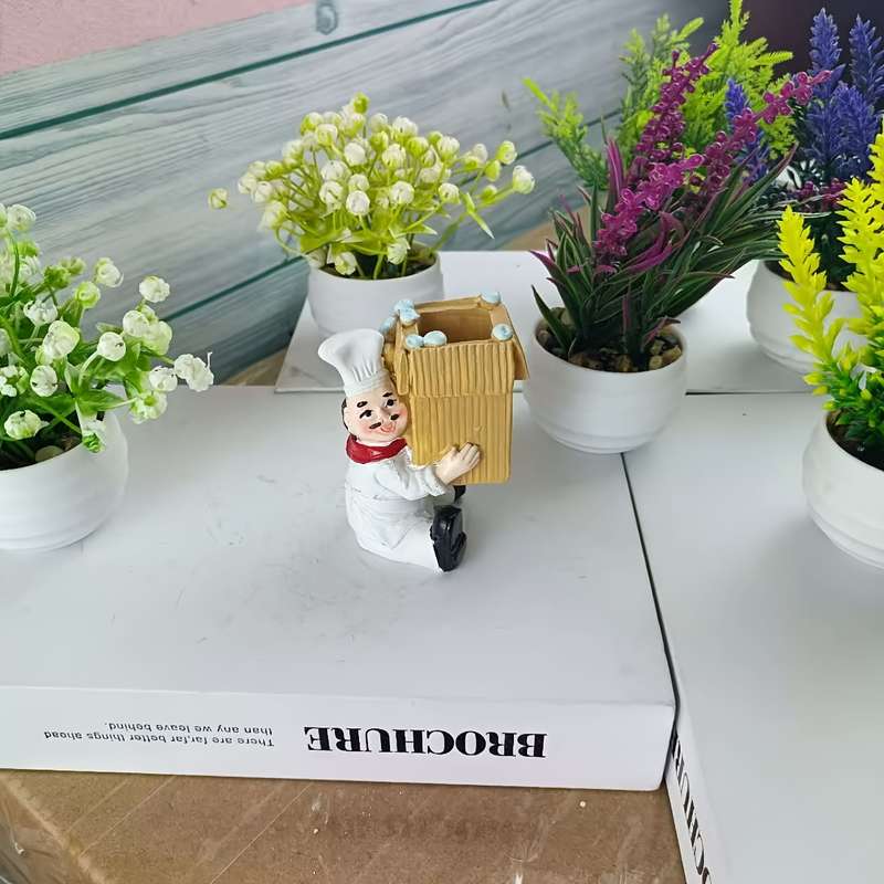 1pc Chef Figurine Kitchen Decor Resin Craft with Red White Striped Apron Black Pants Hat