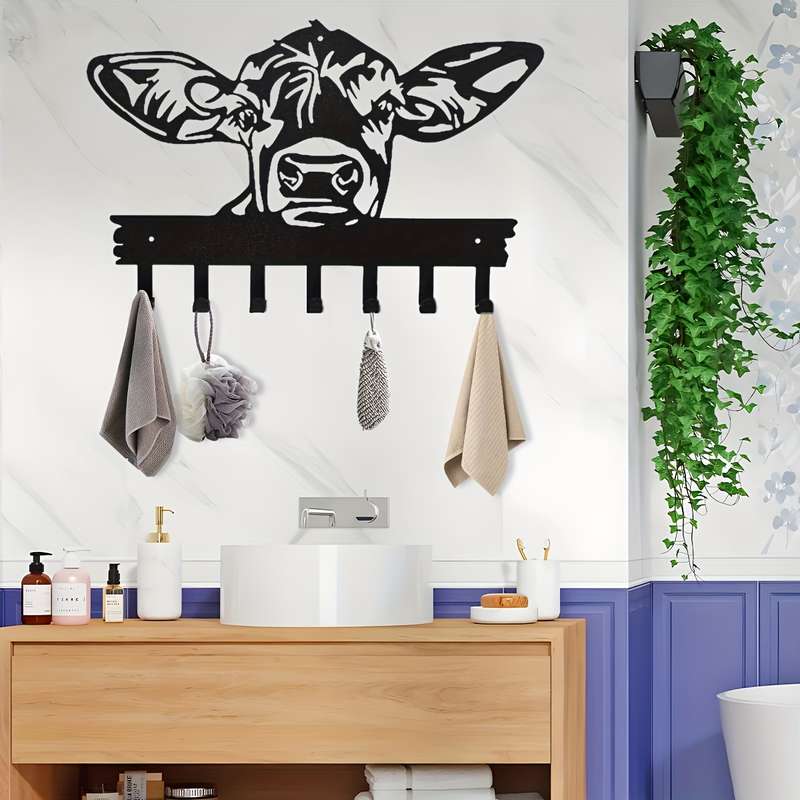 1pc Chic Cow-Head Metal Key  Coat Hook RackRustic Black Wall-Mounted Design with Powder-Coated F