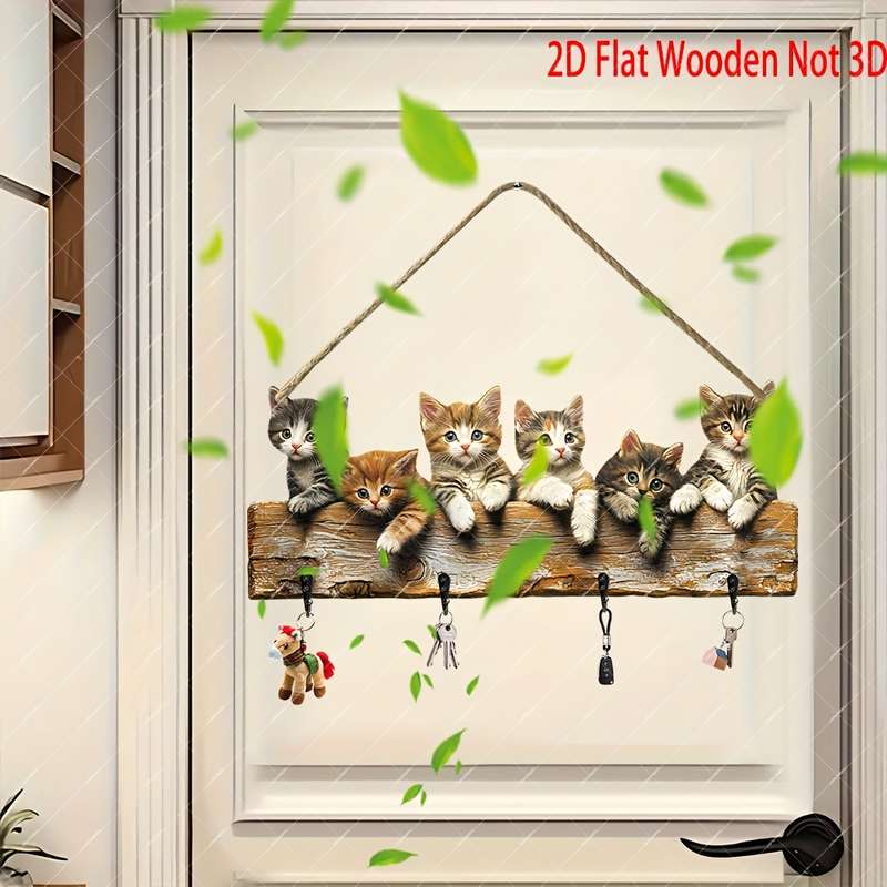 2D Flat Charming 2D Flat Wooden Key Hanger with Adorable Kitten Design"Together We Create Happi