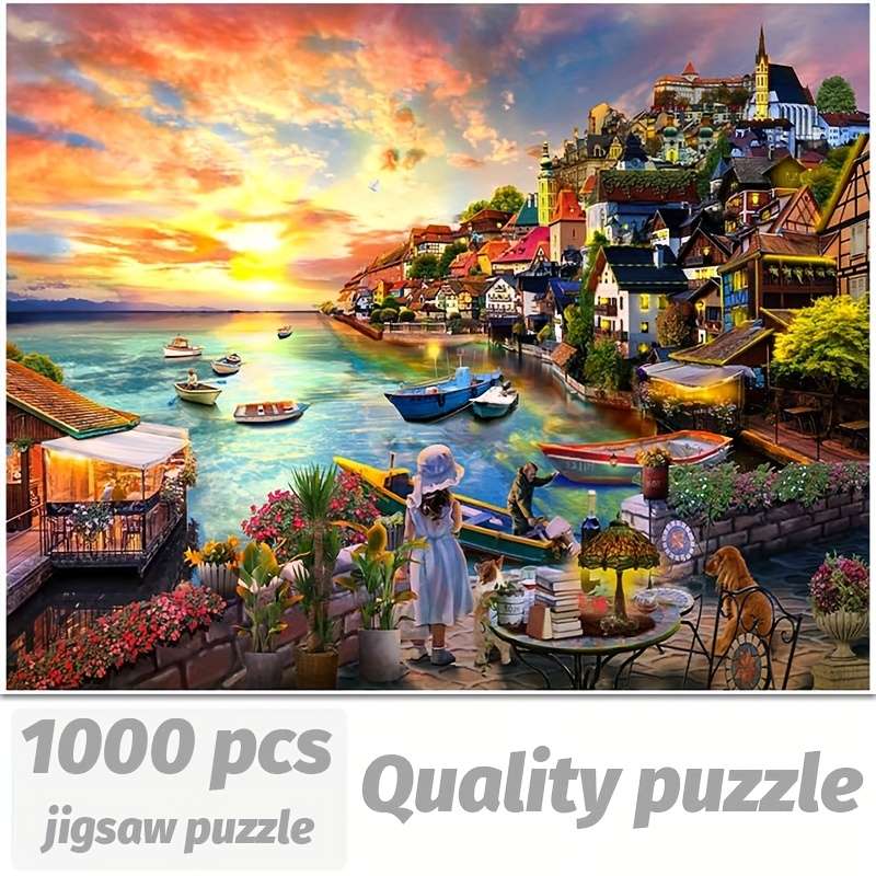 1000pcs Premium Jigsaw Puzzle for Adults Vibrant Coastal Harbor Scene with Boats