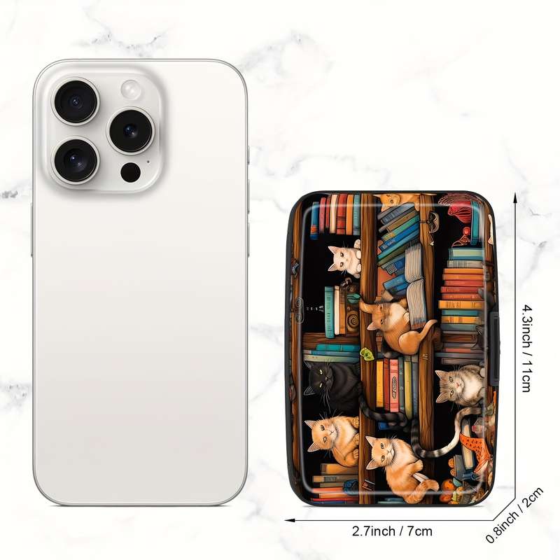 1pc Cat Illustration RFID Blocking Card Holder Wallet for Women C Slim Aluminum Credit Card Case wi