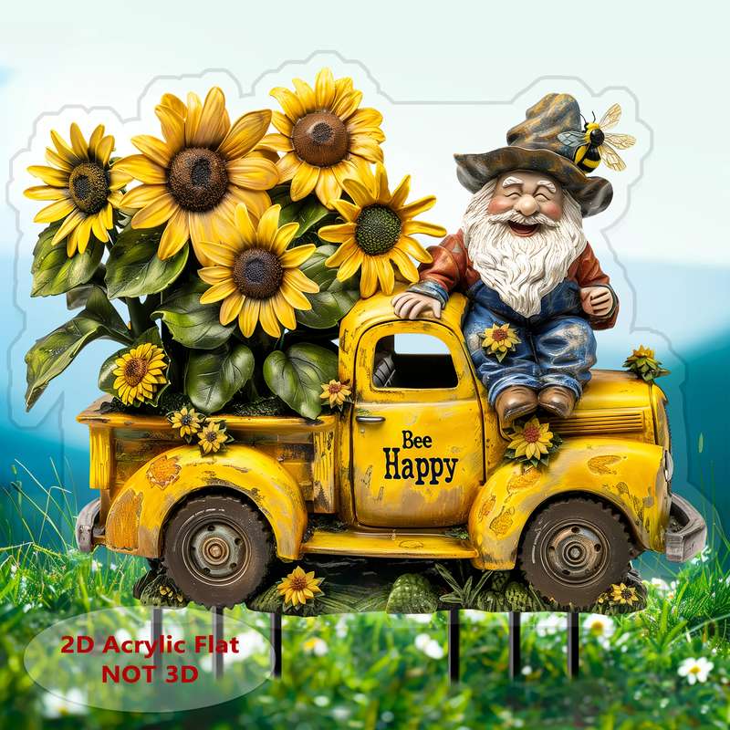 1pc 2D Flat  Acrylic Bee Dwarf Old-Fashioned Male Truck Garden Stake Acrylic Flowerpot Landscape Si