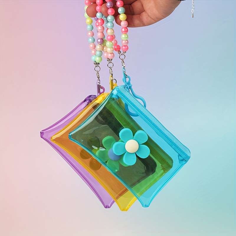 1pc Trendy Transparent PVC Coin Purse with Beaded Chain Compact Key Card Holder Zip Closure E