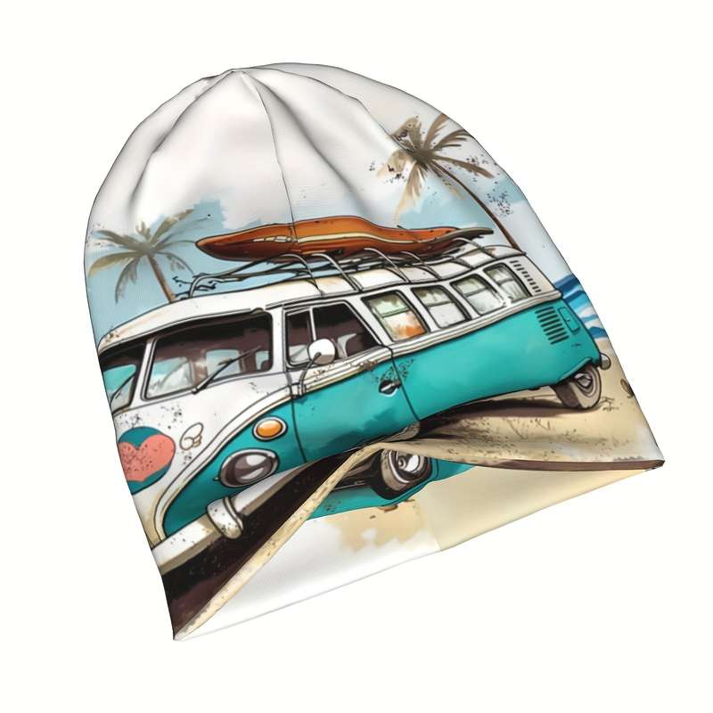 1pc Funky Beach Bus Palm Tree Design Beanie Hat Soft Lightweight Polyester Blend Perfect