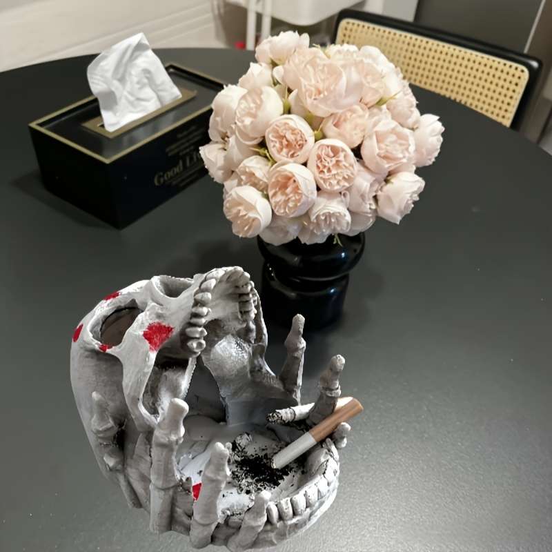 1pc Gothic Human Skull Ashtray with Reddish-Brown Splatter Design C Resin Unique Irregular Shape