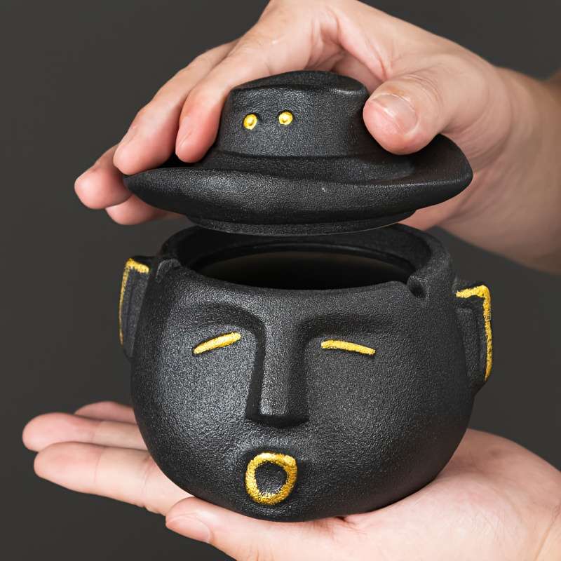1pc Unique Ceramic Ashtray with Lid C Stylish Cowboy Hat Design Black Yellow Aesthetic Home Deco