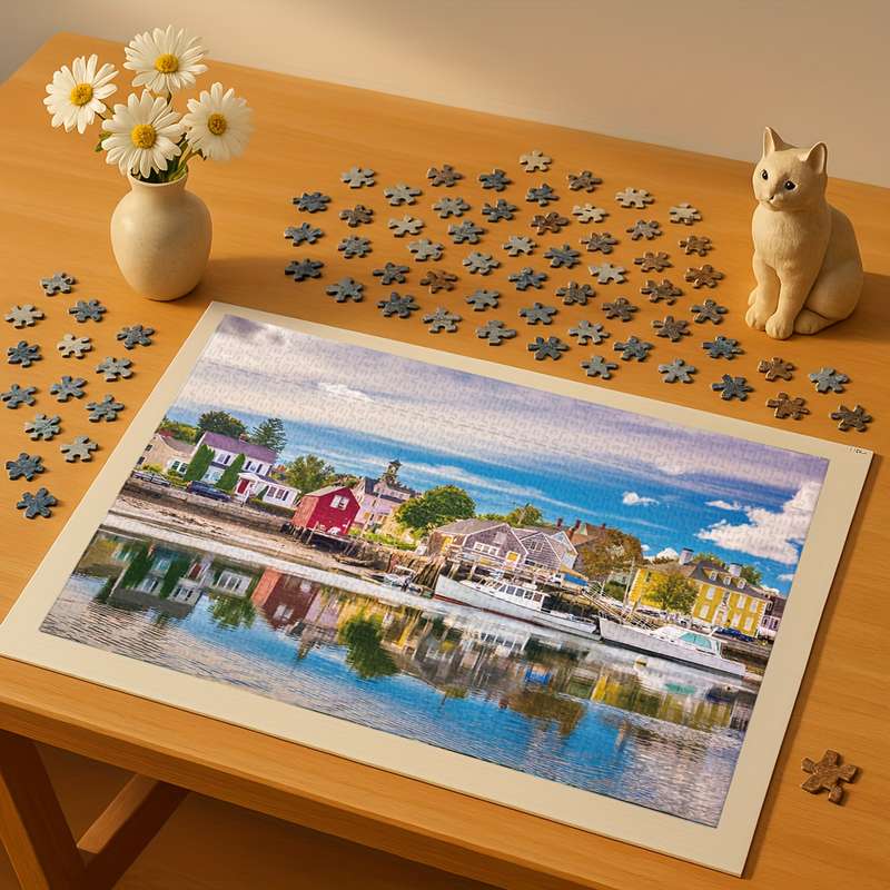 1000pcs Mini Jigsaw Puzzle Charming Seaside Fishing Village Scene 38.0x26.01 cm D