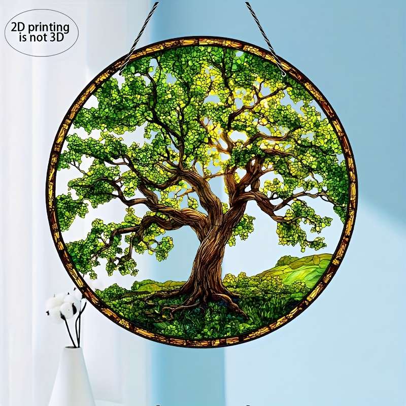 1pc 2D Flat     Printing Oak Tree Suncatcher Colorful Window Hanging Acrylic Sign G