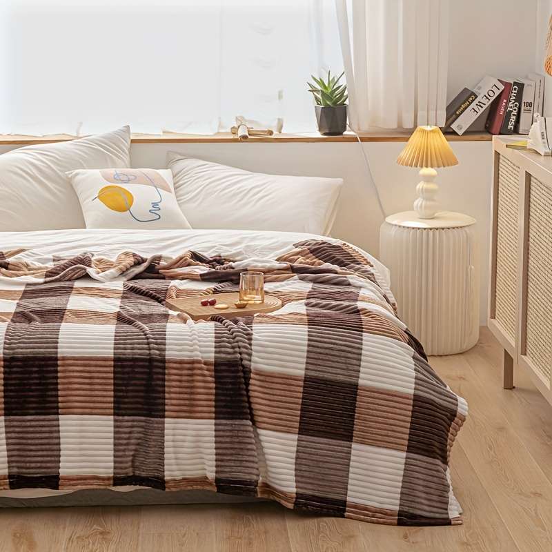 1ps Blanket Color Coffee Gray Grid size 180x200cm