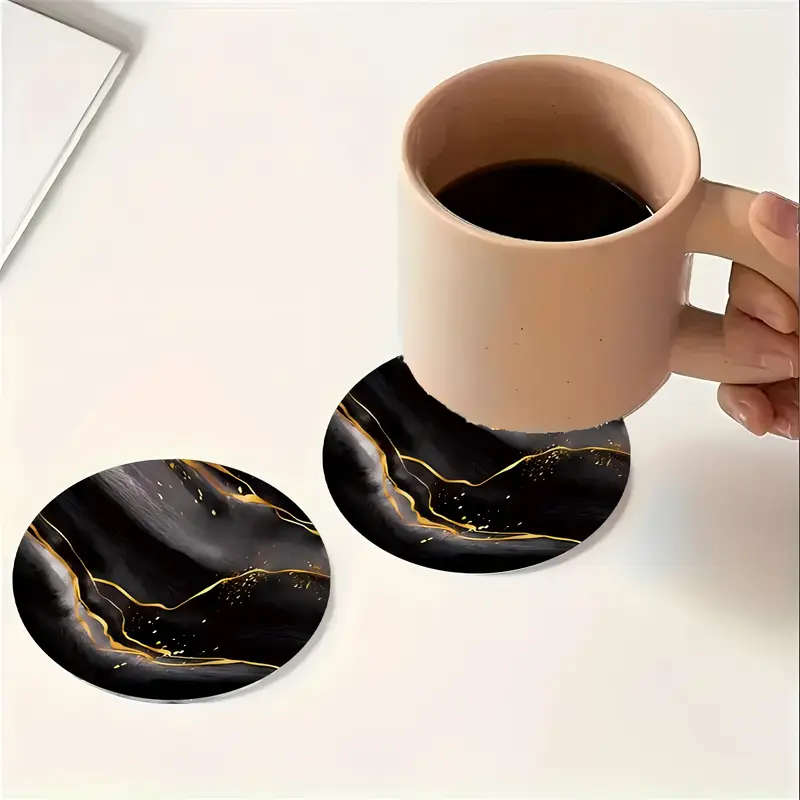 1Set of 6 Black And Golden Marble-Patterned Wooden Coasters Heat-Resistant And Perfect for Home Use