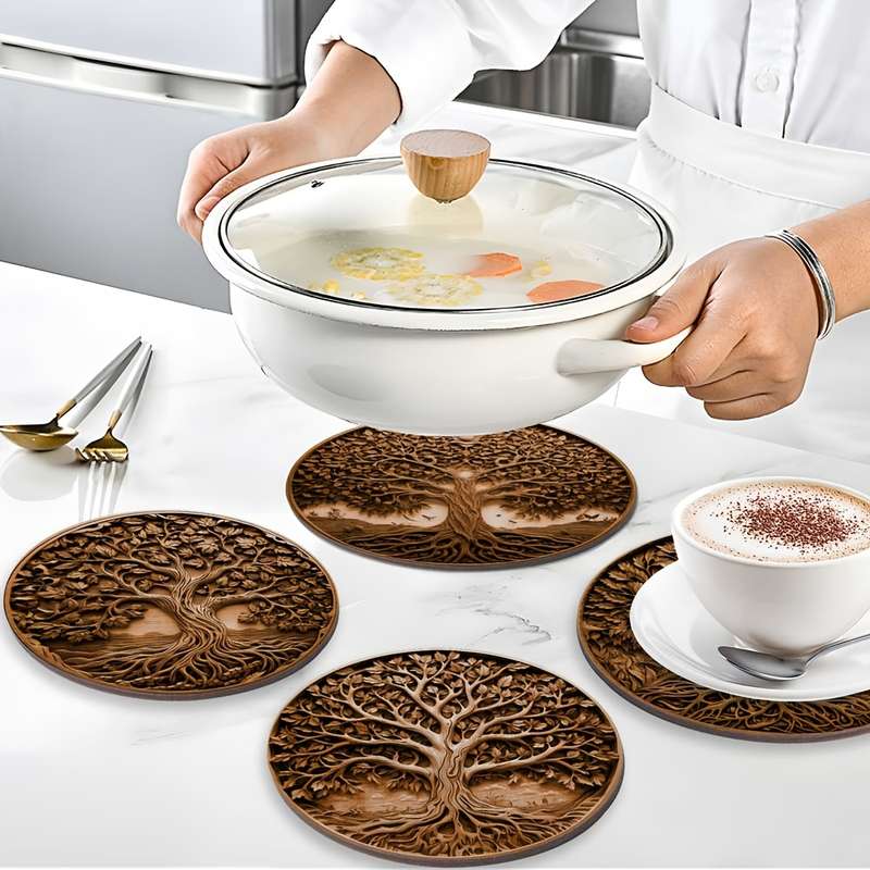 4pcs Tree of Life Wooden Trivet Set Heat Resistant Pot Holder Round Non-Slip Coasters for Ki