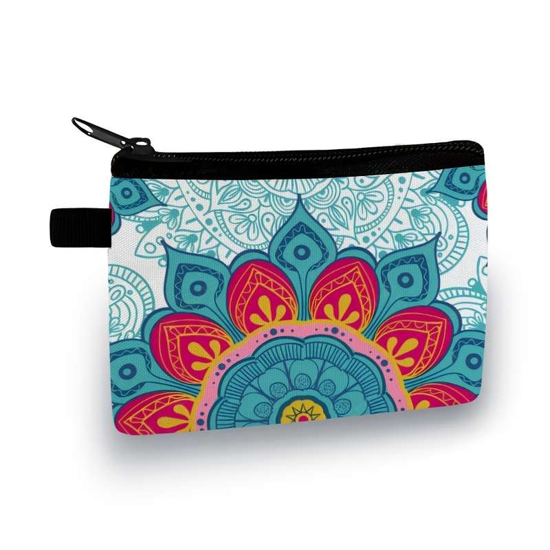 1pc Stylish Mandala Print Zipper Pouch Lightweight Durable Polyester Coin Purse with Vibrant Flor