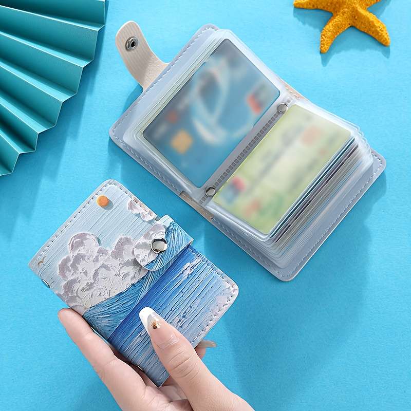 1pc Artistic Oil Painting Style Womens Card Holder C Large Capacity Ultra-Slim Coastal Land