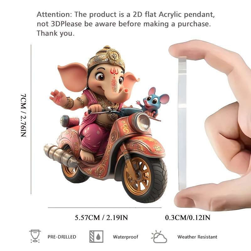 1pc 2D Flat  Acrylic Pendant Charming Ganesha Mouse Motorcycle Ornament Ideal for Car Interiors
