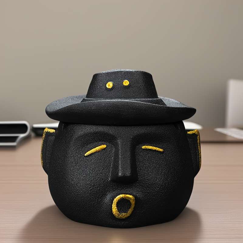 1pc Unique Ceramic Ashtray with Lid C Stylish Cowboy Hat Design Black Yellow Aesthetic Home Deco