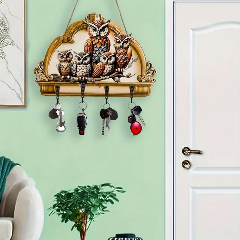 1pc Owl  Floral Wooden Key Hanger with Four Metal HooksColorful Traditional Design for Home Wa