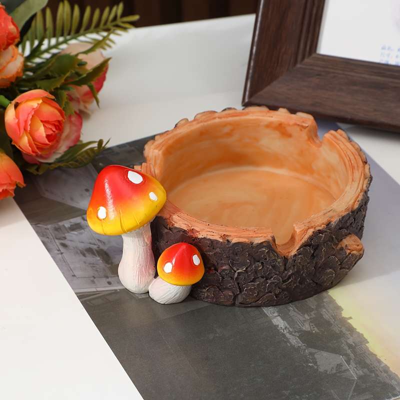 1pc Resin Mushroom Ashtray Creative Round Decorative Gift with Vibrant Red and Orange Mushroo