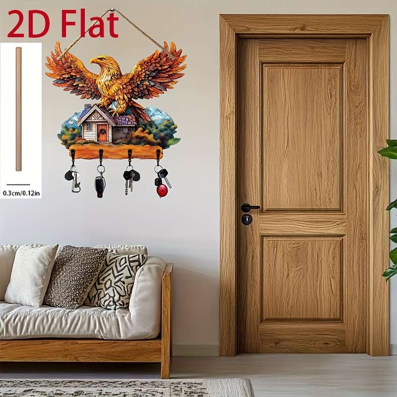 2D/Flat Surface 1pc Swan Guardian Simple Colorful Wooden and Home Key Holder with Four Metal Hooks