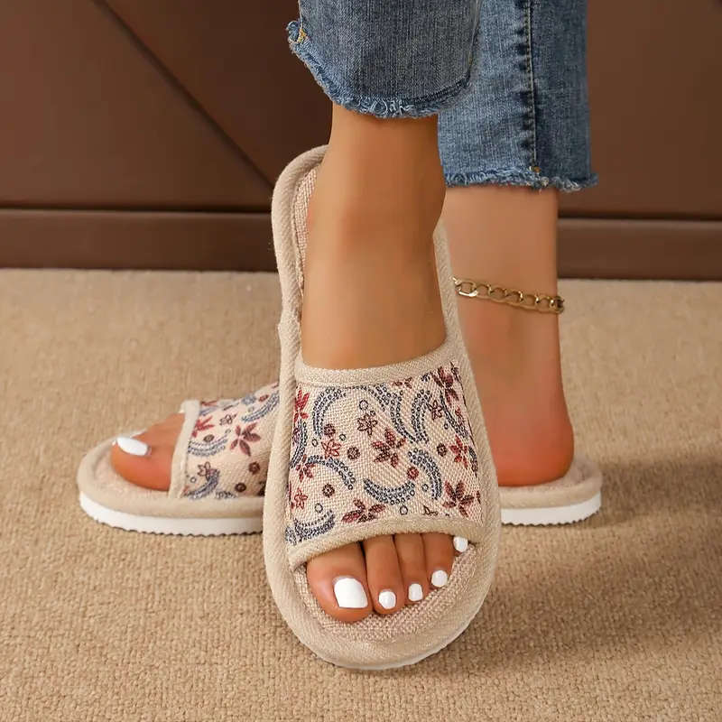 Floral Print Unisex Linen Slippers, Comfy Soft Sole Indoor Floor Shoes, Lightweight & Breathable
