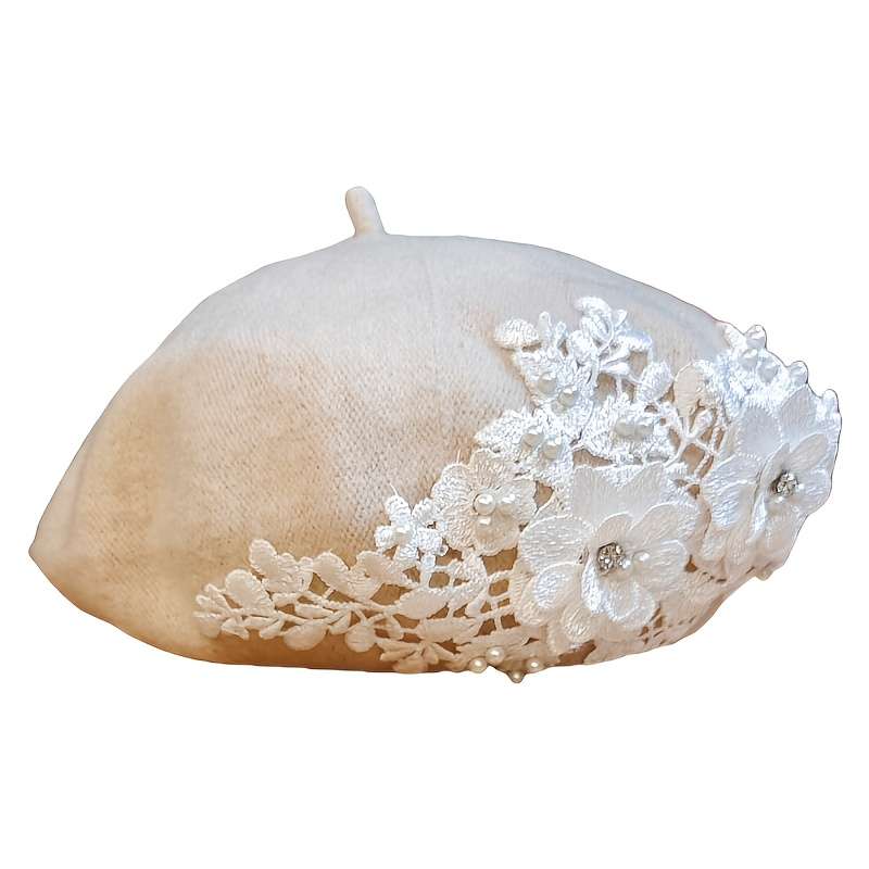 1pc Stylish Knitted Beret with Embroidery Design and Rhinestone Accents Vintage Style Fashionabl