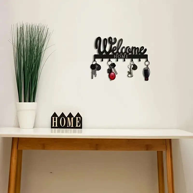 1pc Black Metal Welcome Home Key Holder with 8 Hooks Wall Mounted Key Rack for Keys Towels Coats Ver
